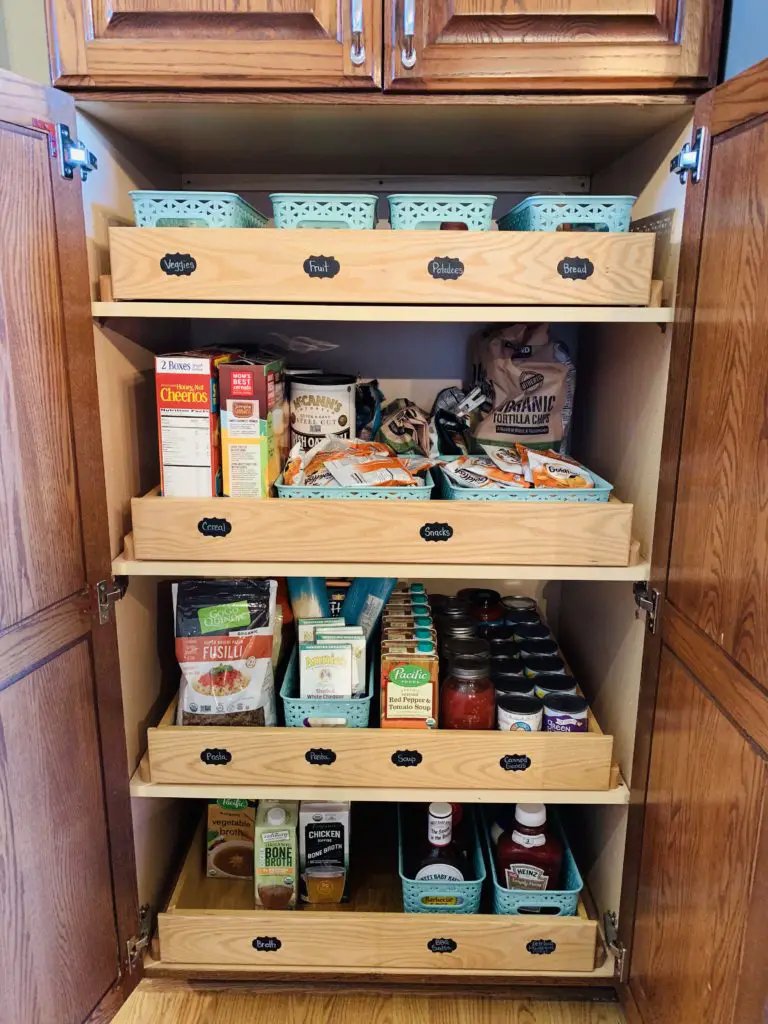 This is our fully pantry, organized and labeled.